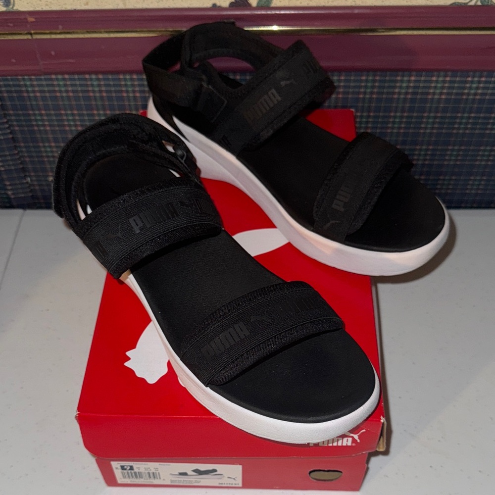 Puma Black Strap Sandals with White Soles